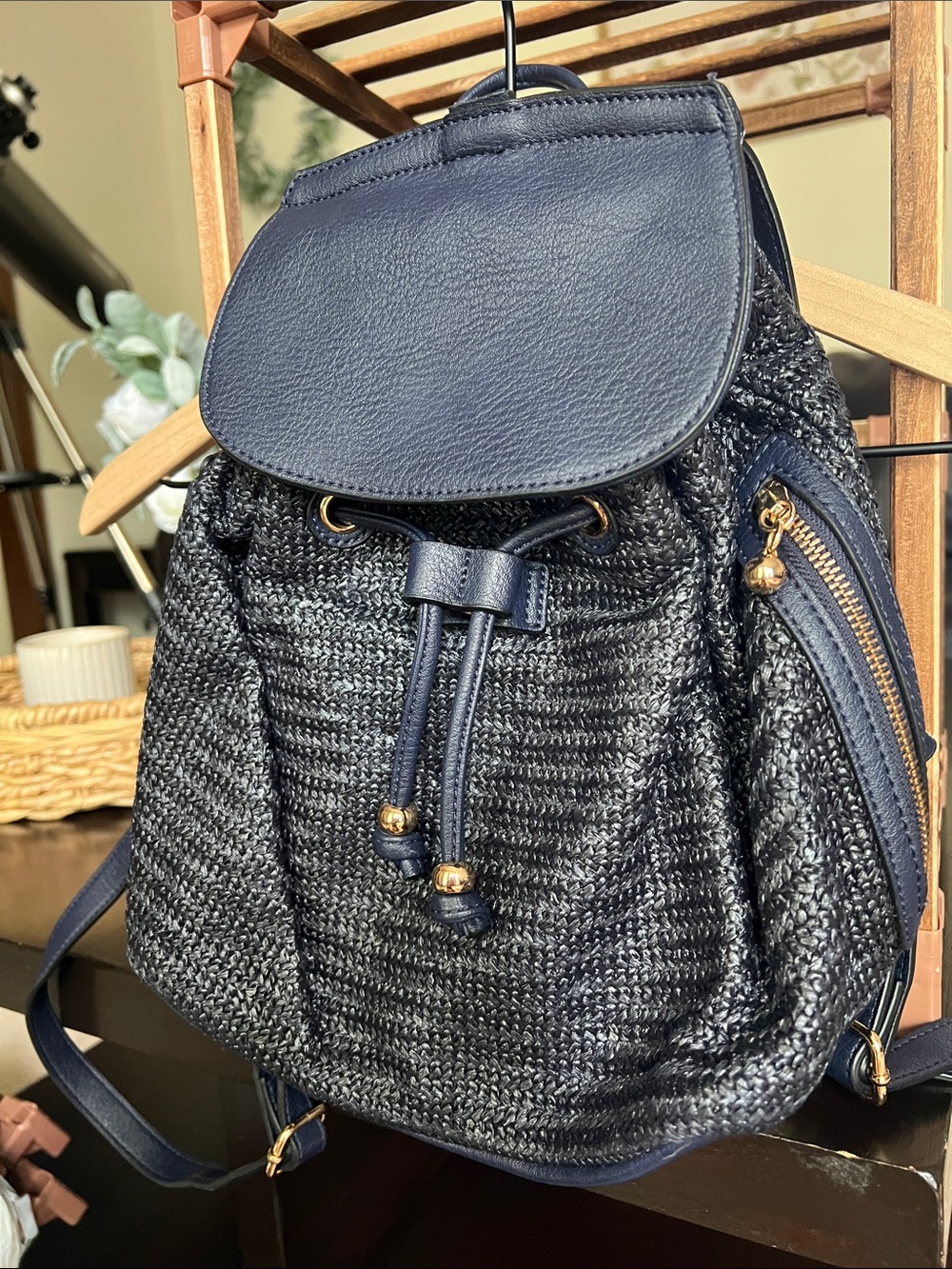 LC Lauren Conrad Navy Drawstring Backpack with Gold Accents